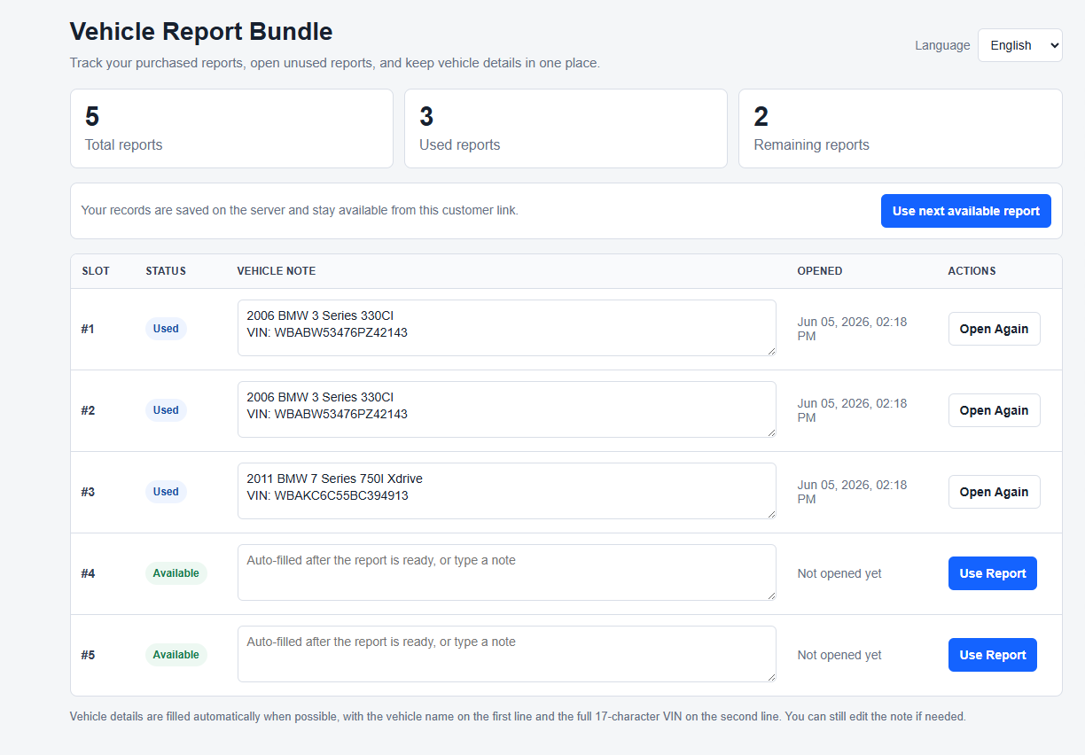 Vehicle report bundle dashboard preview