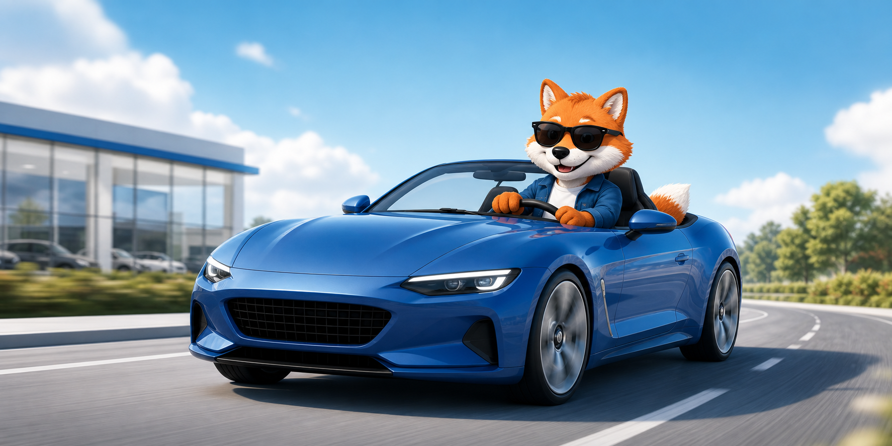 Fox mascot driving a blue car