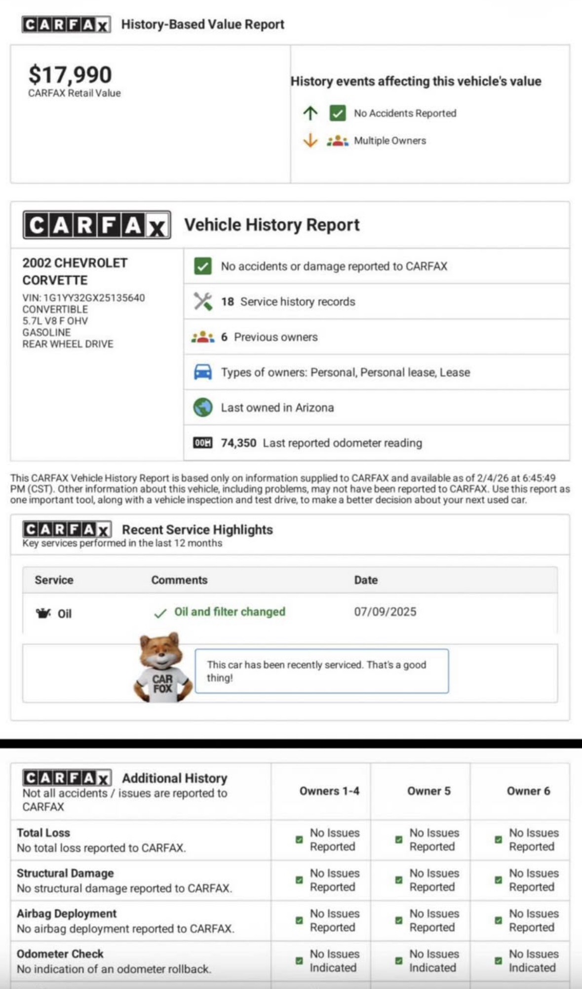 Sample vehicle history report preview